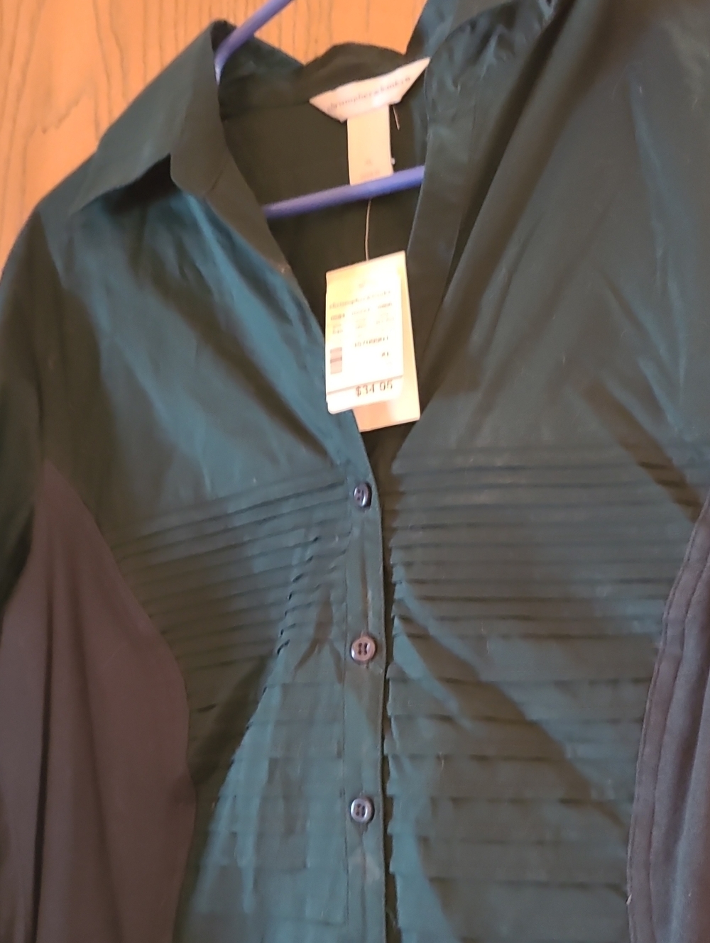 Christopher & Banks Dark Green Pleated Button-Front Shirt